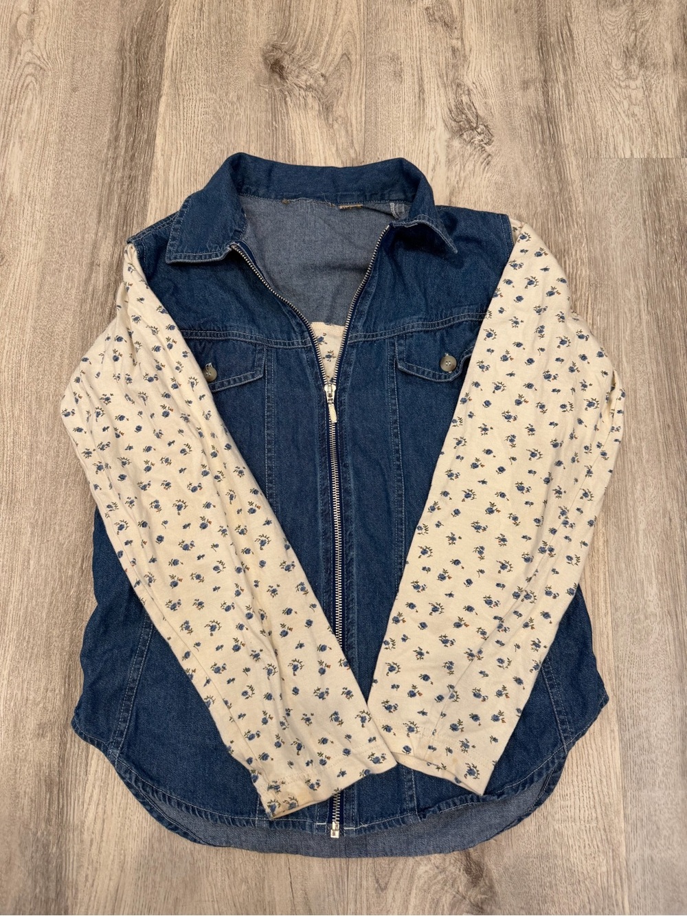 Unbranded Denim Floral Sleeve Zip Front Jacket Y2K Cottagecore